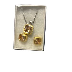 TWO TONE CHAMPAGNE CRYSTAL SQUARE PENDANT BOX CHAIN NECKLACE & EARRINGS